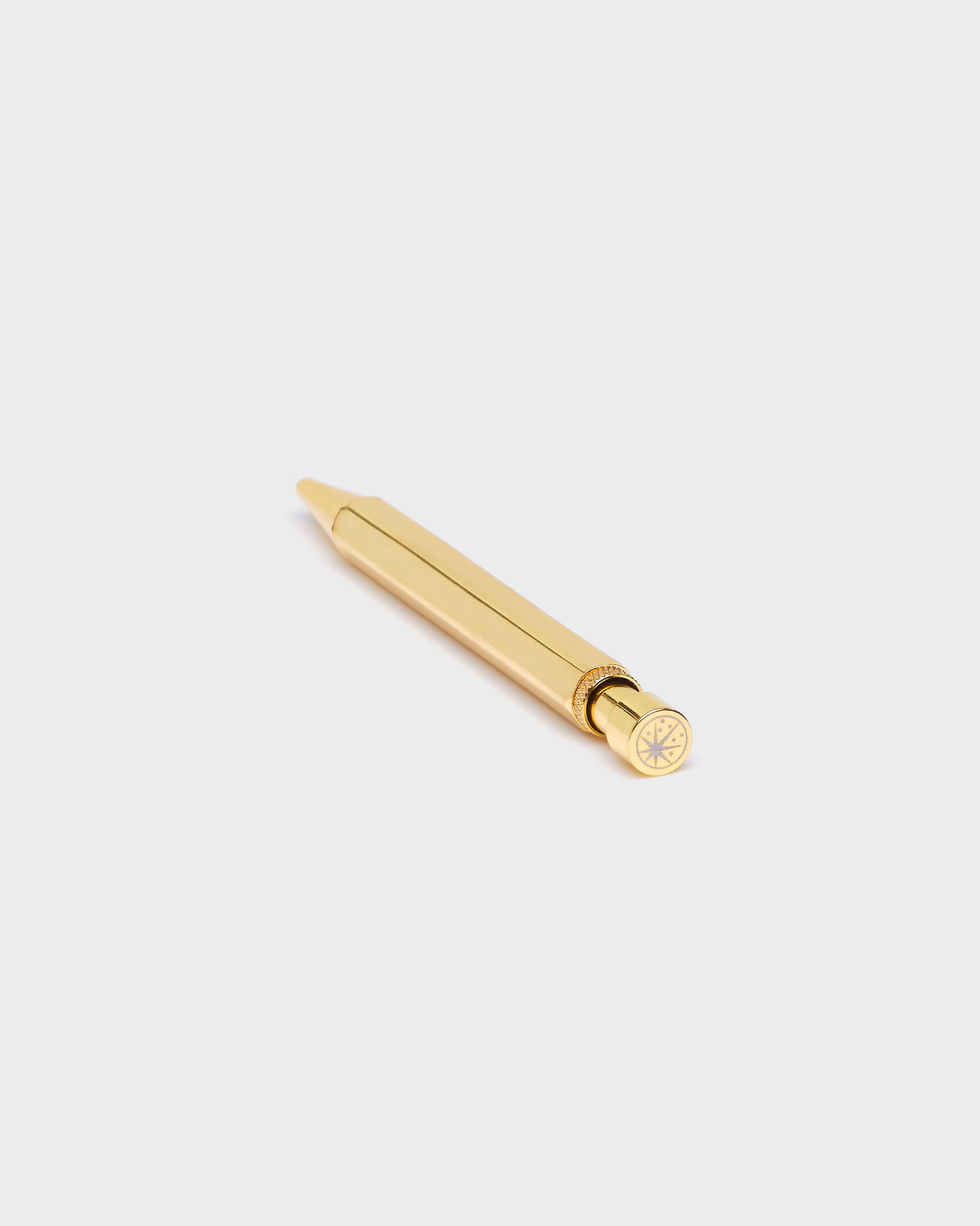 Gold pen with the Hall of Excellence logo on the top of the pen ,on a white background