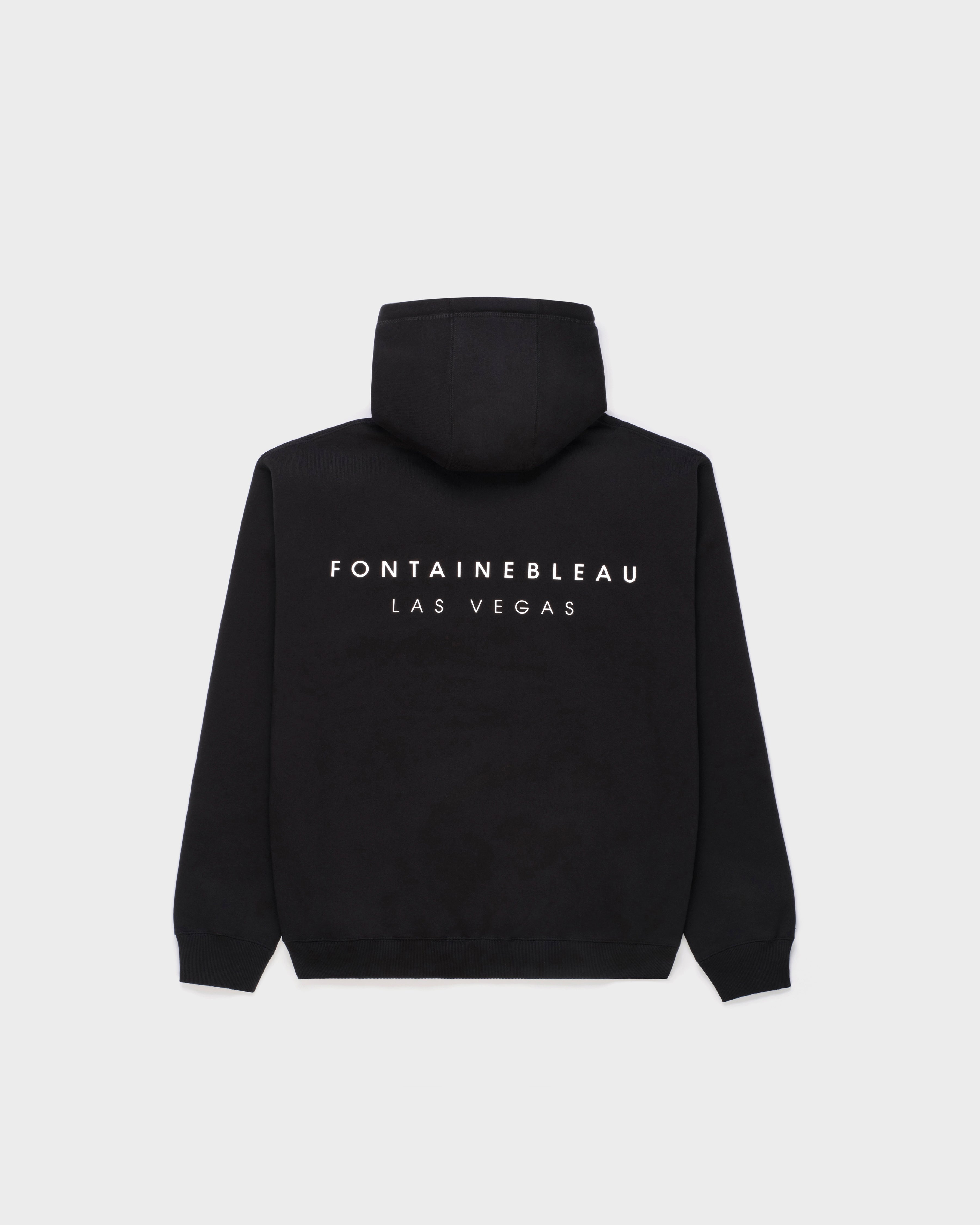 Black hoodie with 'Fontainebleau Las Vegas' text on the back against a light gray background