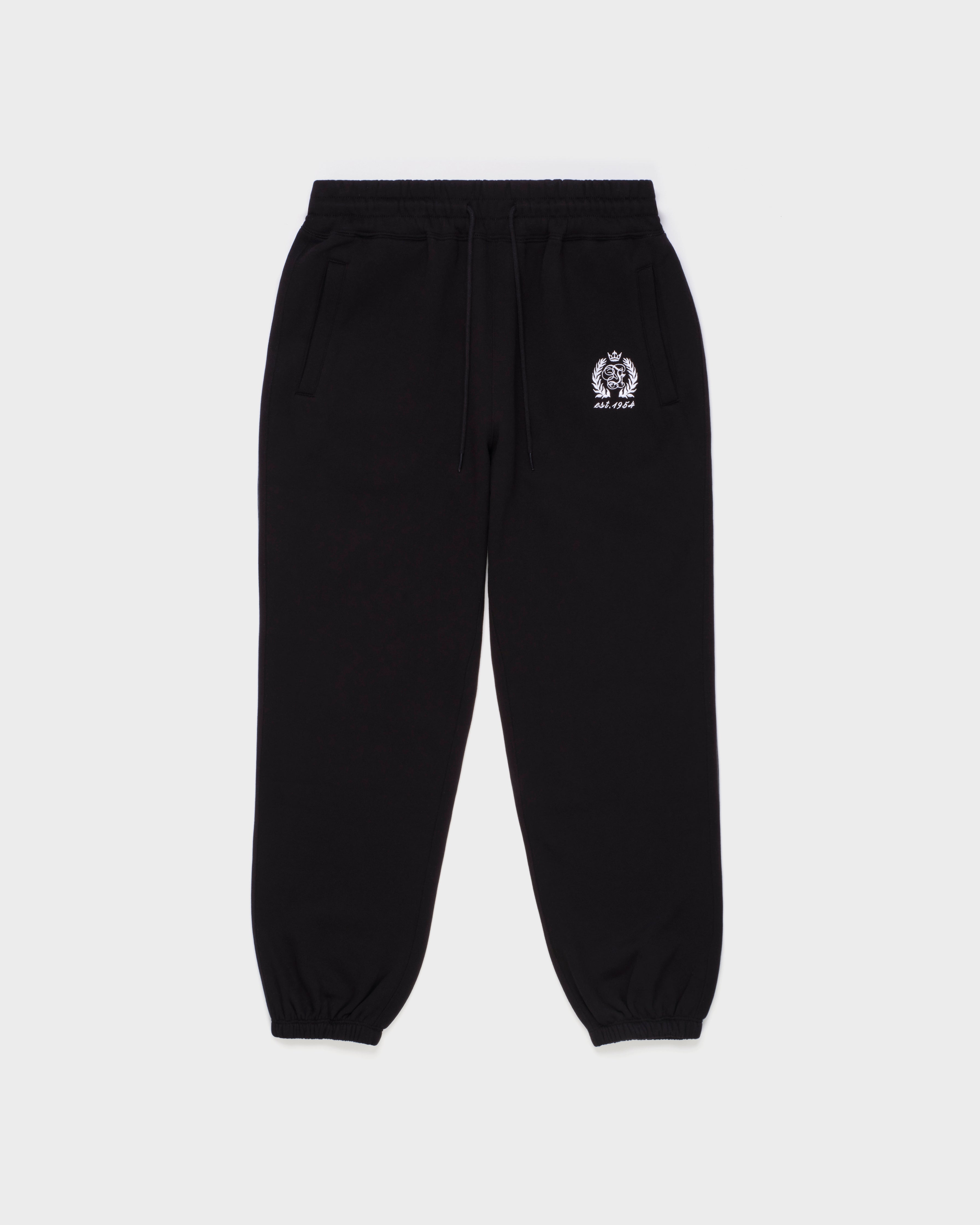 Black sweatpants with a logo on a white background