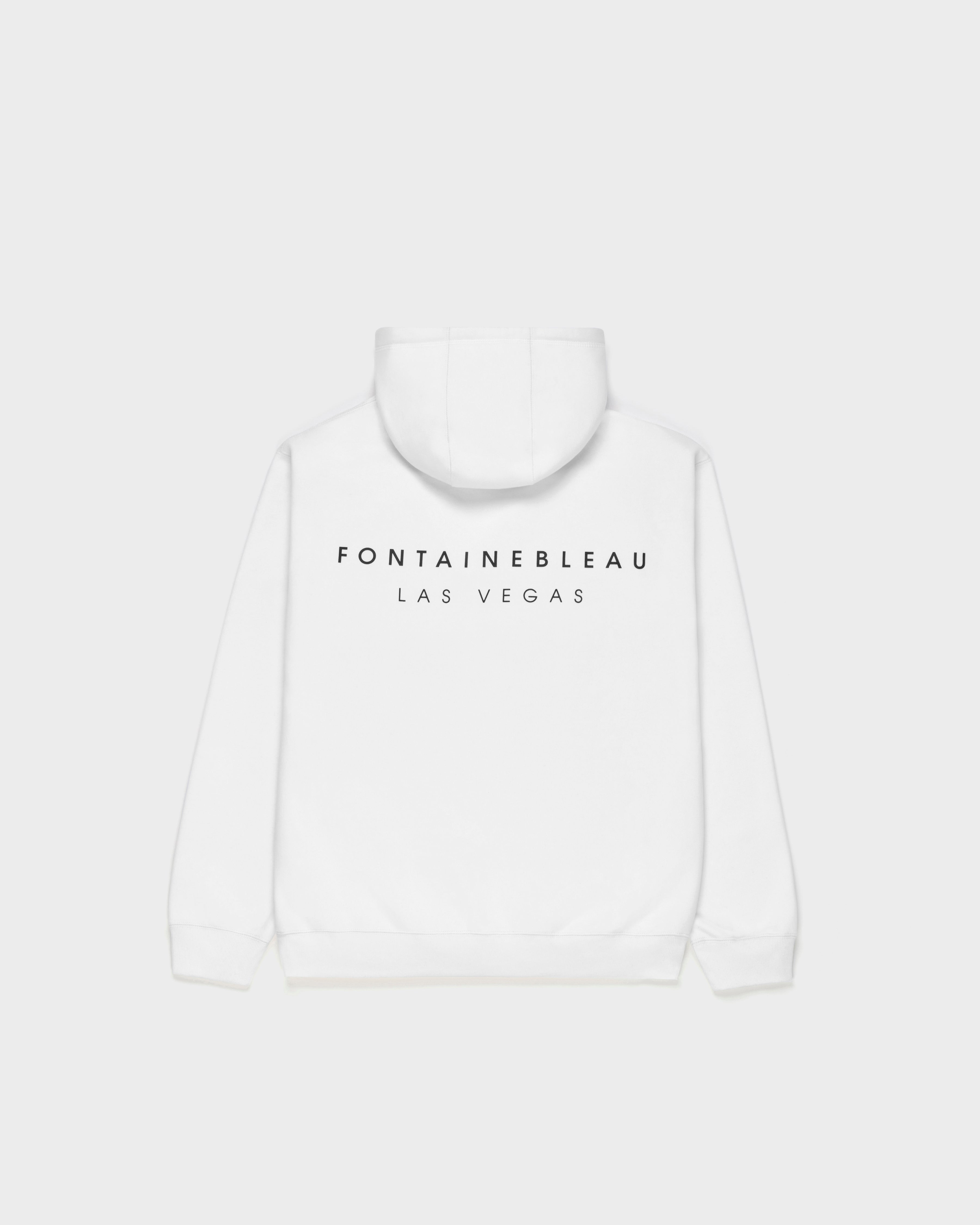 White hoodie with 'Fontainebleau Las Vegas' text on a light gray background