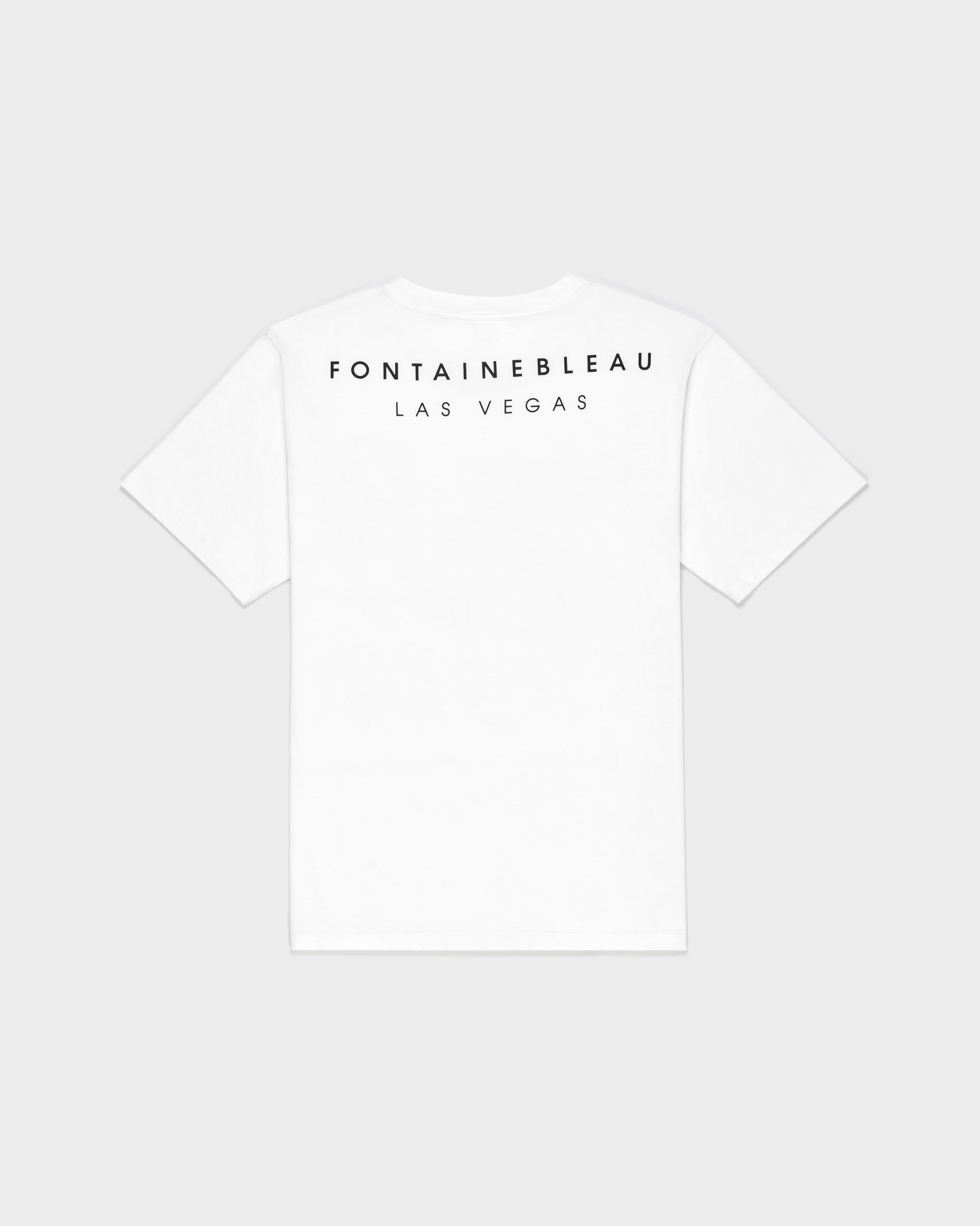 White t-shirt with 'Fontainebleau Las Vegas' text on a white background