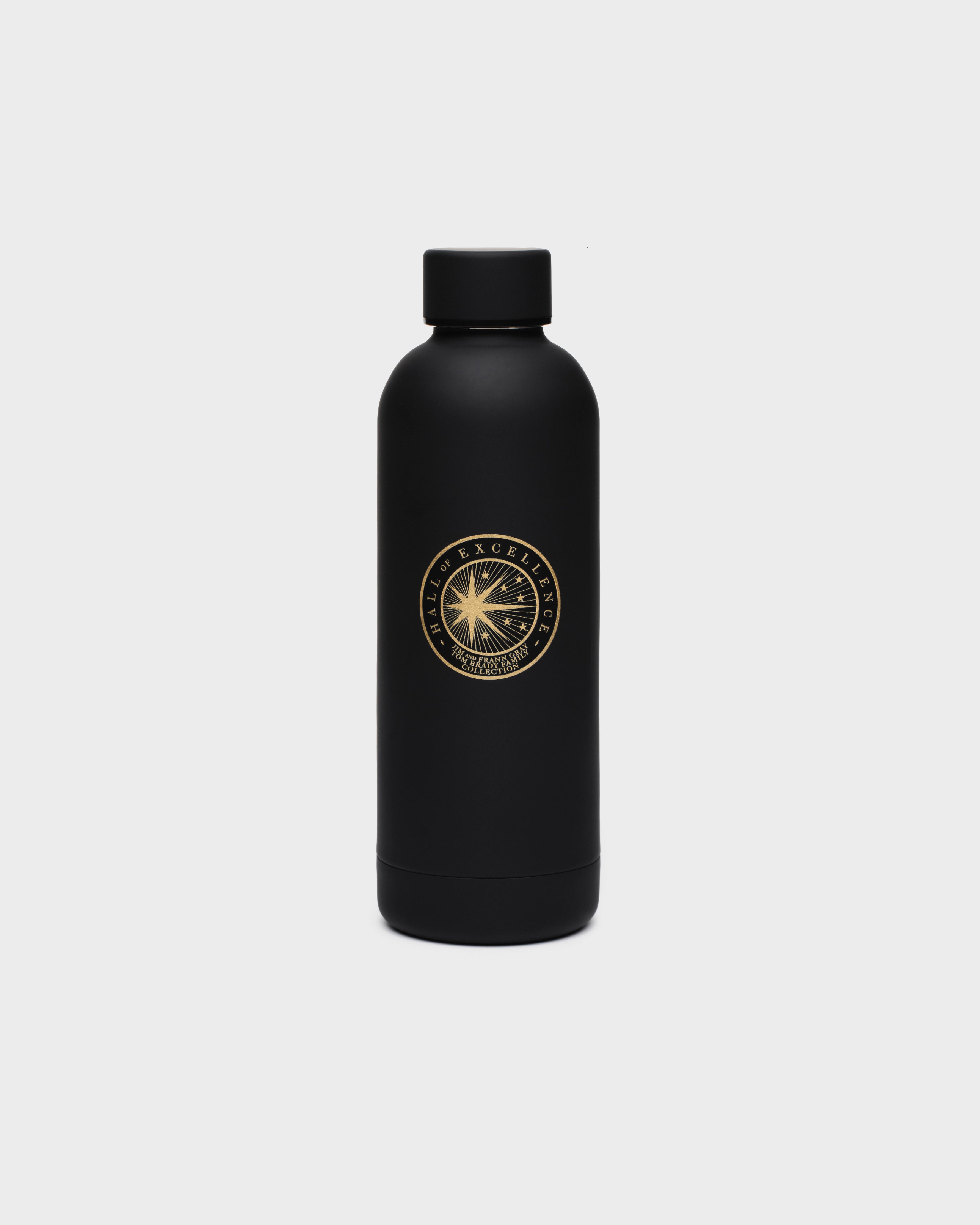 Black water bottle with a gold Hall of Excellence logo on a white background