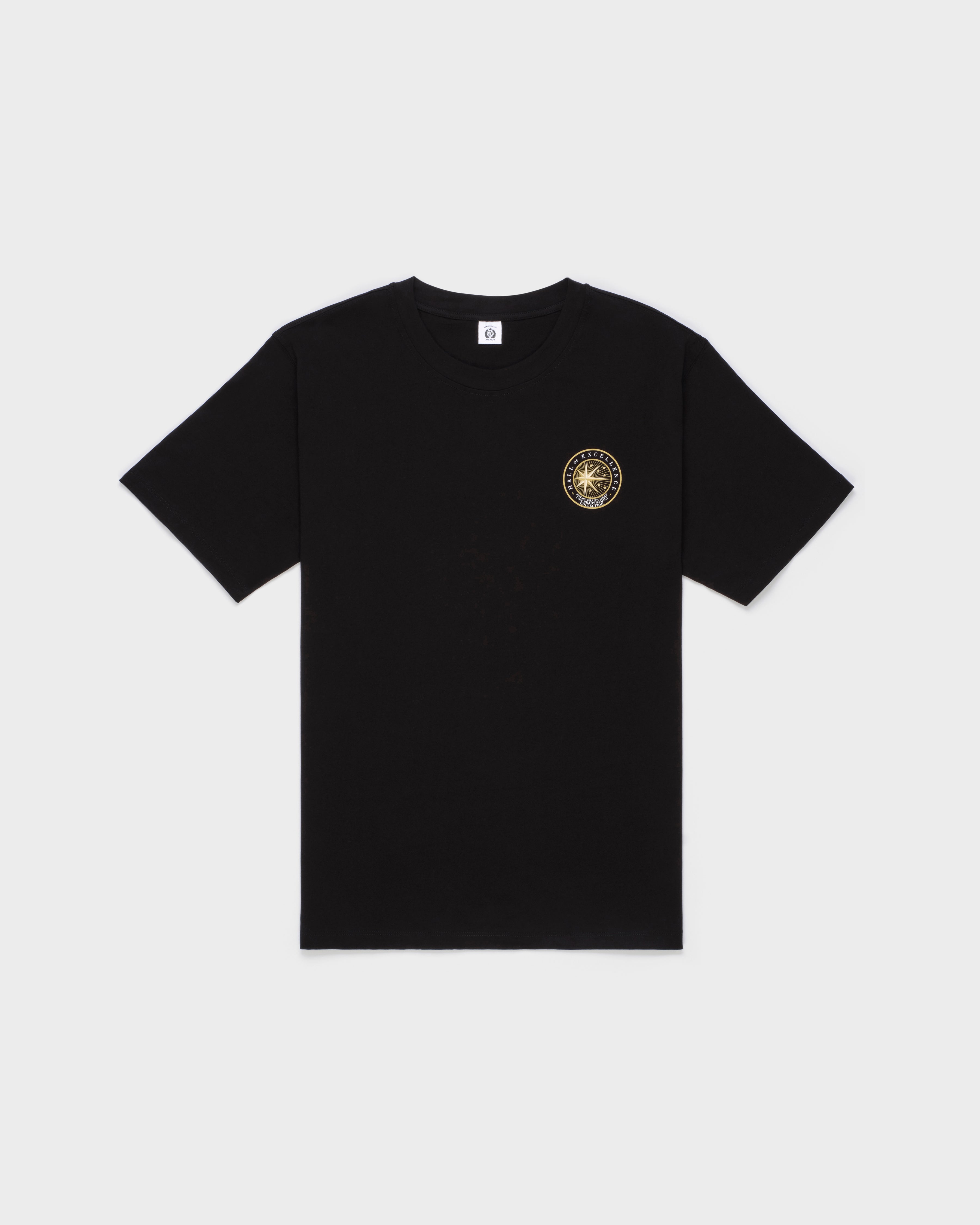 Black t-shirt with a gold Hall of Excellence logo on a white background