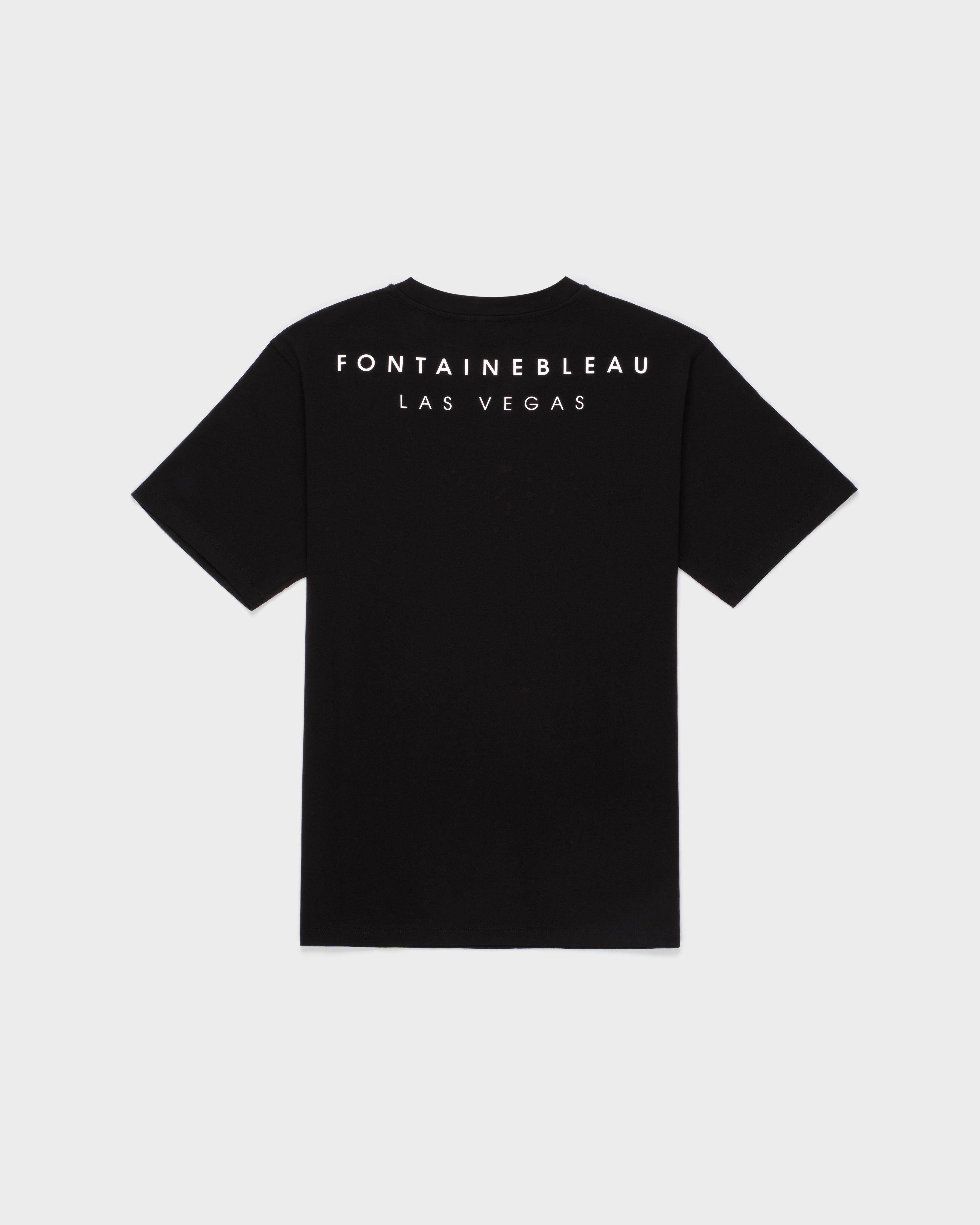 Black t-shirt with 'Fontainebleau Las Vegas' text on the back against a white background.