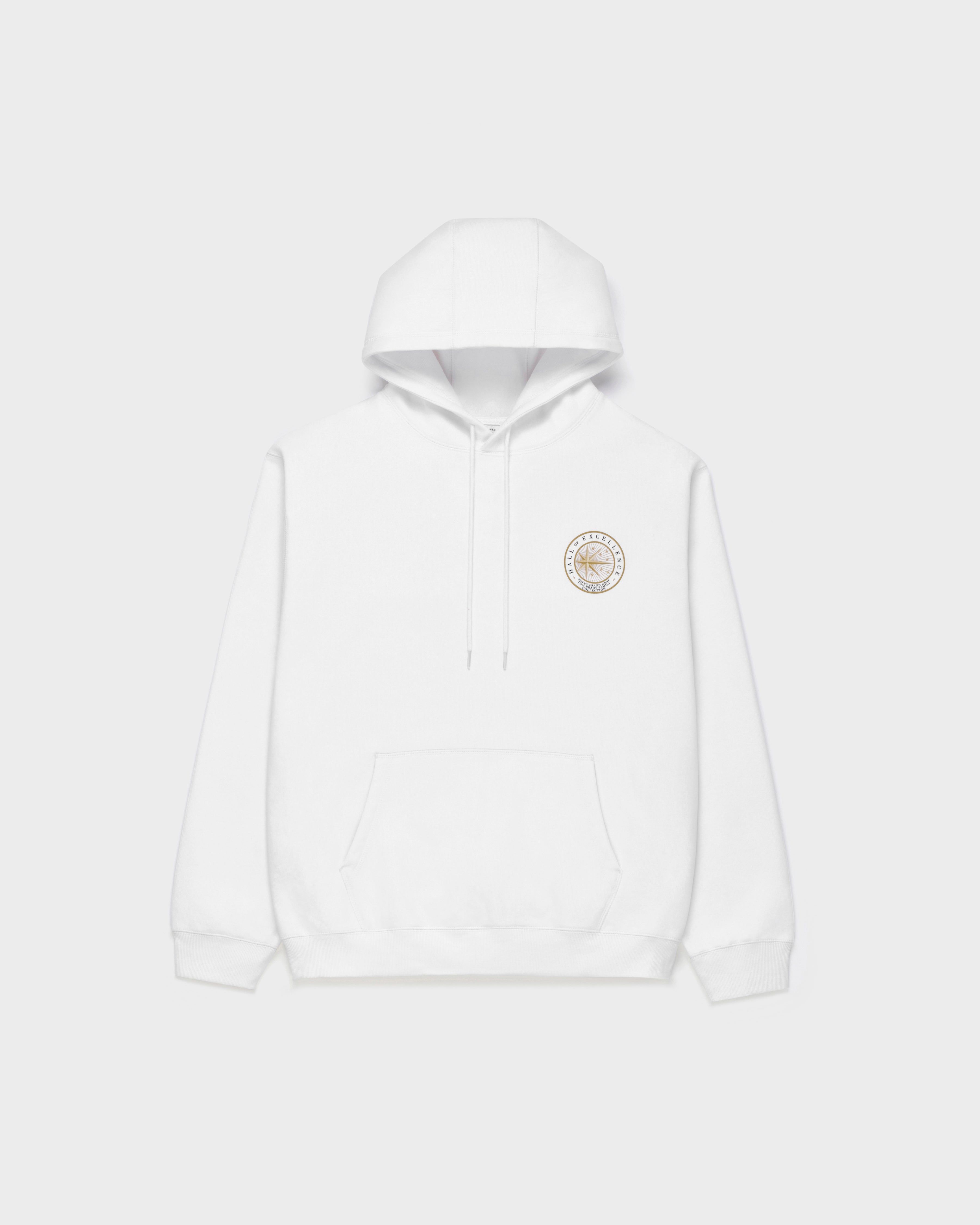 White hoodie with Hall of Excellence logo on the chest against a white background