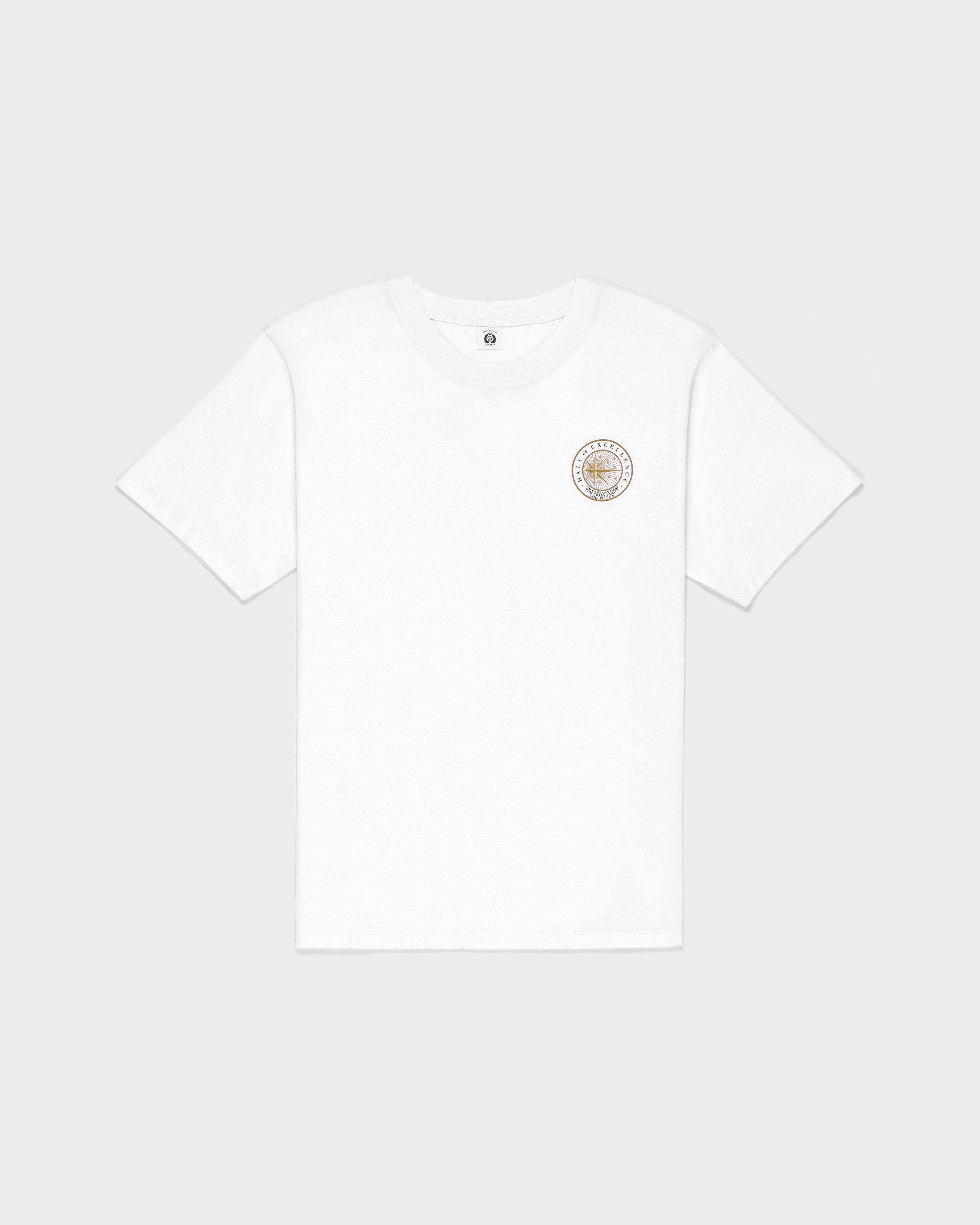 White t-shirt with a Hall of Excellence logo on a white background